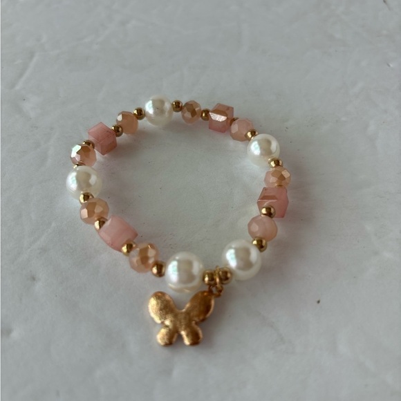Handmade Pink and Faux Pearl beaded Bracelet Butterfly Charm - Picture 2 of 2